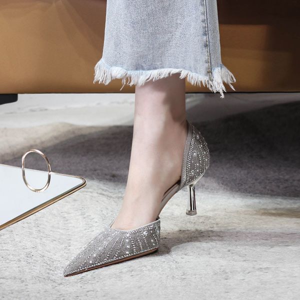 

slippers hollow stiletto work sandals female summer style pearl pointed banquet dress wild fashion single shoes nnl1, Black