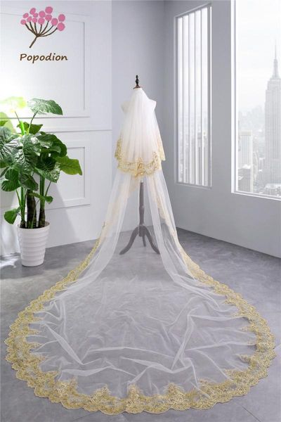 

bridal veils popodion golden lace 3.5m length 1.8m width cathedral wedding veil with comb vail accesories women was10084, Black