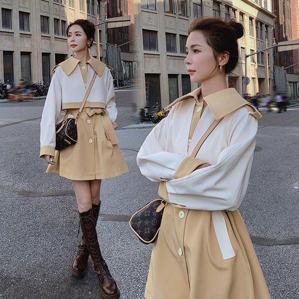 

women's trench coats autumn women coat with belt feminino harajuku mid-long female casual windbreaker, Tan;black