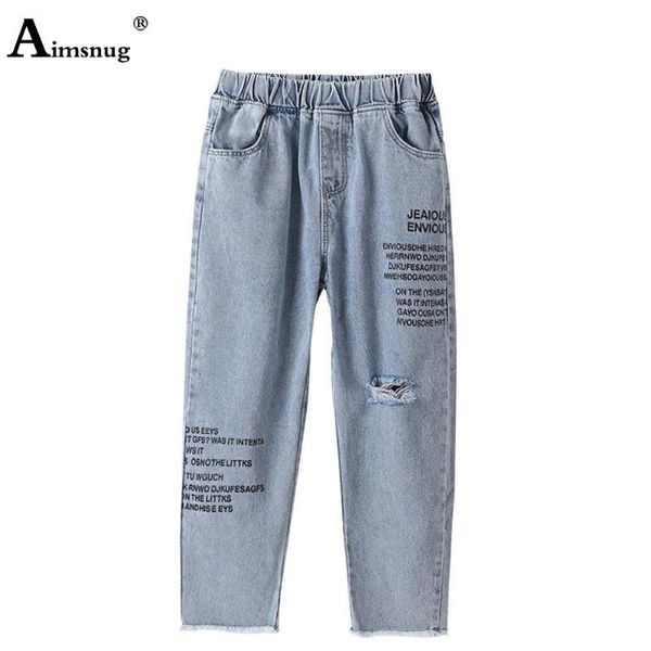 

jeans 2021 autumn kids for girls elastic waist demin pants streetwear fashion hole ripped trouses children pantalon, Blue