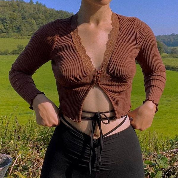 

crop long sleeve knitwear lace patched t shirt v neck button up knitted women deep v-neck clubwear women's t-shirt, White