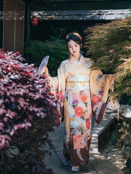 

ethnic clothing japan style women's kimono traditional summer yukata yellow color flower prints performing dress cosplay bath robe, Red