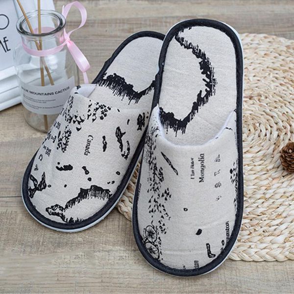 

man women closed toe portable disposable slipper guest map print home children practical bathroom travel spa el non slip slippers, Black