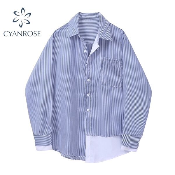 

striped cropped spliced blouses and shirts for ladies stylish bf streetwear cardigan pocket office leisure blusas 210515, White