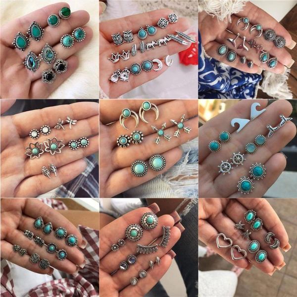 

stud modyle 6 pairs/set women earrings set brincos jewelry bohemian green stone for, Golden;silver