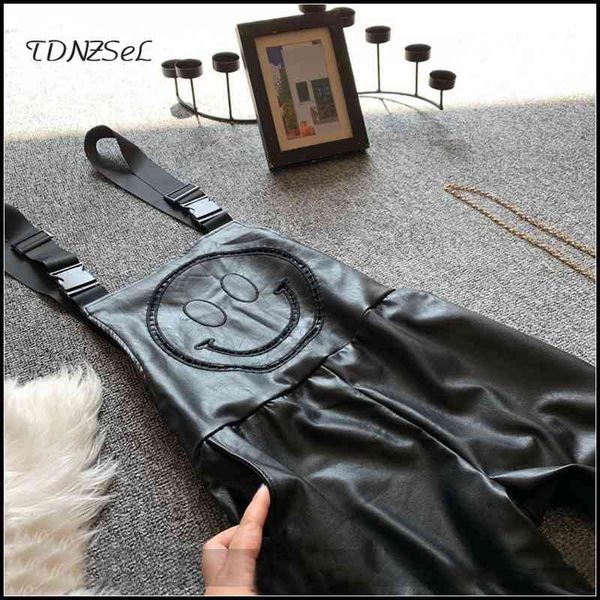 

black casual leather overalls for women smiley pu leaher jumpsuits ankle zip rompers sleeveless spaghetti strap long playsuits, Black;white