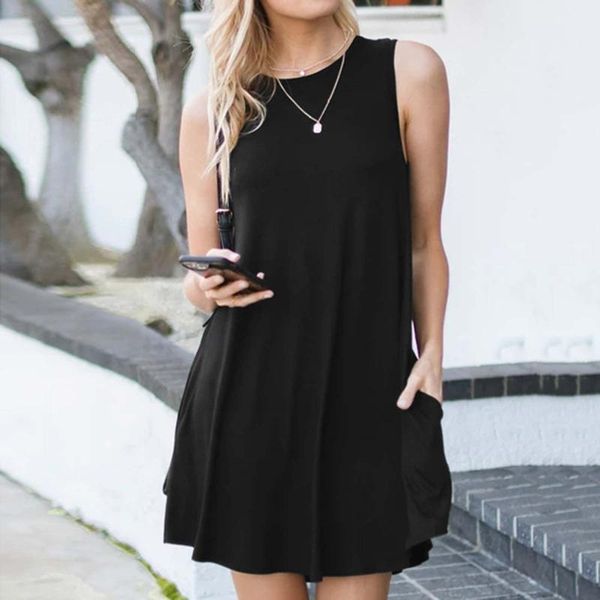 

casual dresses 2021 women's fashion dress o-neck sleeveless off-shoulder pure color a-line loose mini elbise with pockets, Black;gray