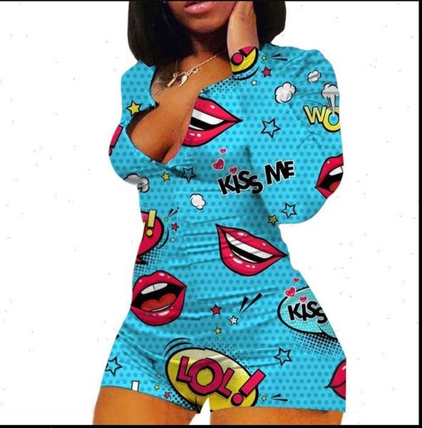 

fashion casual long sleeve women romper lip printing slimming high waist short homwear drop, Black;white