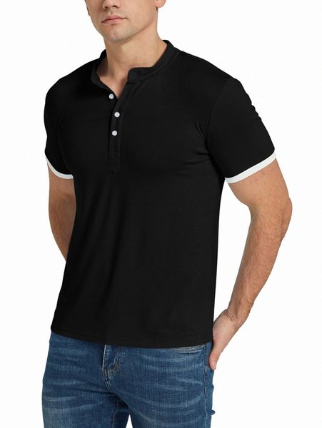 

men contrast trim half button tee t9kz#, White;black
