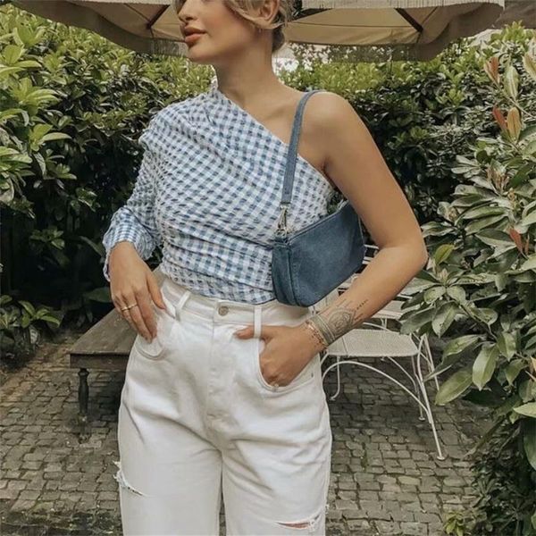 

elegant woman blue plaid one-shoulder shirts 2021 spring fashion female irregular skew collar ladies streetwear women's t-shirt, White