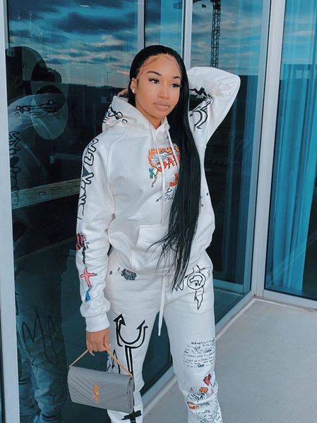 

chocomist two piece sportswear womens tracksuits hooded collar print pants set dd064, Gray