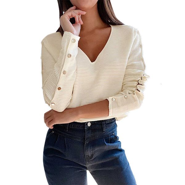 

women's t-shirt women long t-shirt spring autumn casual v neck sleeve open button decor pullover female streetwear solid slim tshirt 9, White