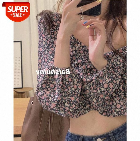 

korean style retro floral chiffon shirt women western fashion one-shoulder clavicle square collar short long-sleeved blouse #0n0k, Black;gray