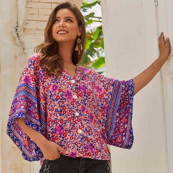 

jastie boho vintage floral print women blouse shirt spring v neck single breasted flare sleeves retro chic loose shirt 210419, Black;white