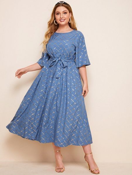 

plus metallic grid print belted midi dress 48wo#, Black