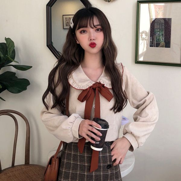 

bow flannel women kawaii shirt ruffles collar long sleeve soft warm slim shirts blouses for female sweet girl corduroy button, White