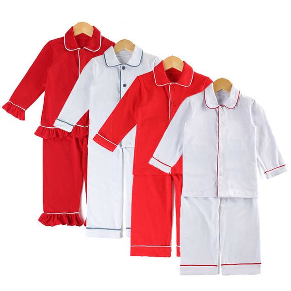 Kids PJS Meninas Sleepwear Frill Pijamas 100% Algodão Botons Up Solid Boys Natal Pijama 210908