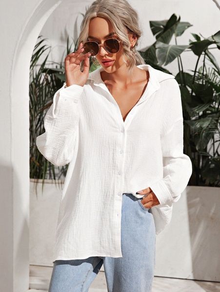 

drop shoulder solid longline blouse r8ky#, White