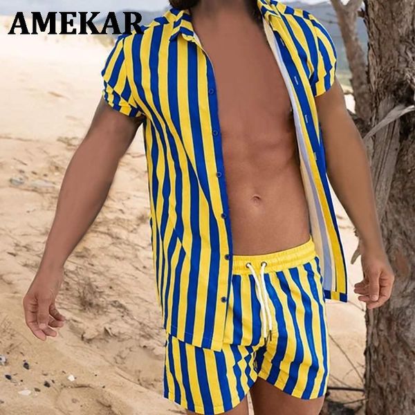 

men's tracksuits man summer beach sets streetwear men fashion striped suits short sleeve lapel drawstring shorts 2 pieces 3xl 7, Gray