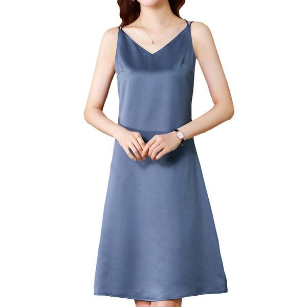 

casual dresses v-neck satin spaghetti strap dress women a-line solid pajamas 2021 summer fashion female party blue, Black;gray