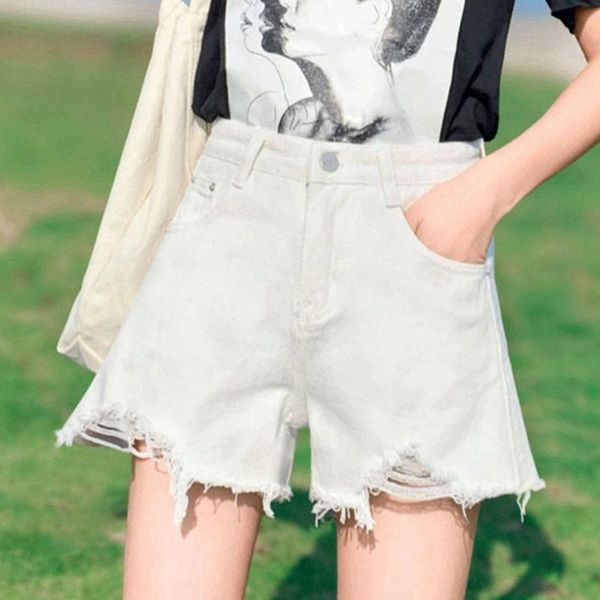 

women's jeans summer 2021 high waist slimming korean version of fringed wide-leg pants with holes in and denim short, Blue