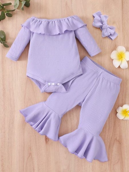 

baby ruffle trim bodysuit & flare leg pants she, White