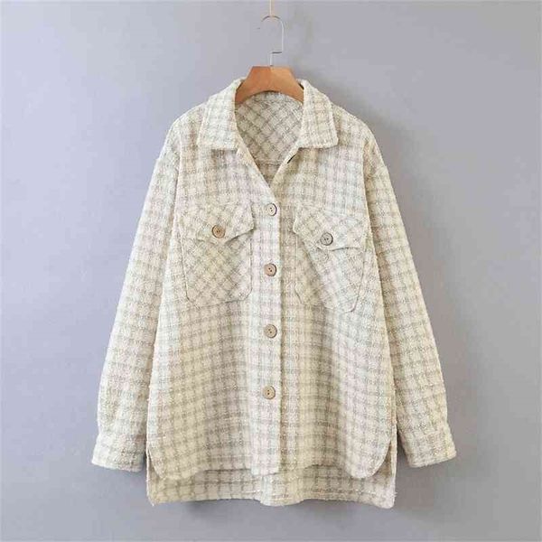

autumn new ladies coat lapel long-sleeved sand color plaid pocket buttoned lady temperament shirt jacket 210410, White