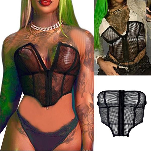 

women's tanks & camis fashion see-through mesh front zipper slim tube black, White