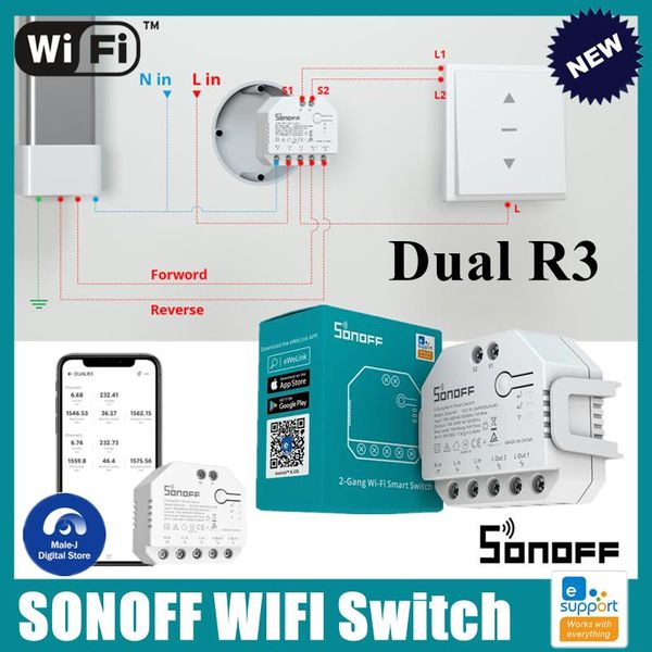 

smart home control sonoff dualr3 mini wifi diy switch two way power metering 2 gang/way timing via ewelink app work with alexa google