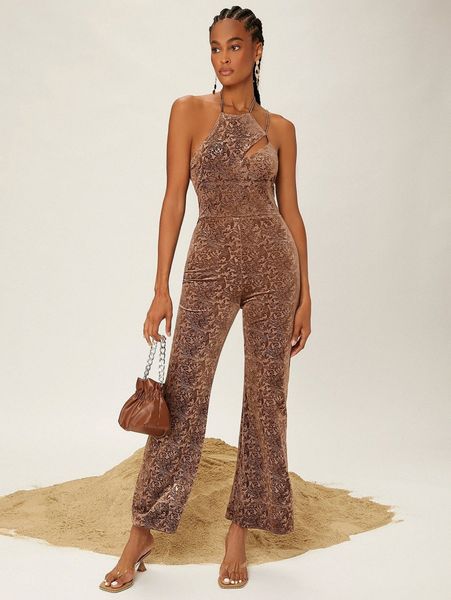 

newness scroll print cut out backless halter neck flare leg jumpsuit l3mk#, White