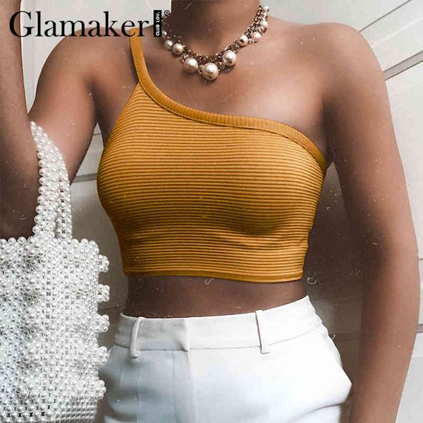

glamaker one shoulder yelleow summer crop women fashion tank streetwear black vintage knit short ladies 210412, White