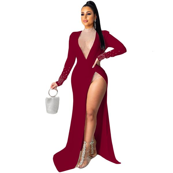 

fall winter women rhinestones high split mermaid party deep v neck long sleeves floor length no mesh bodysuit, Black;gray