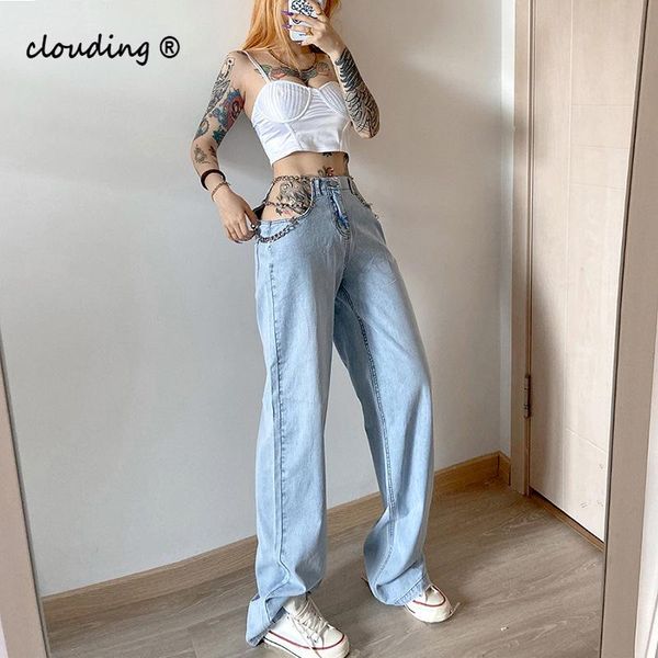 

women's jeans summer high waist slimming loose wide-leg pants casual trousers hollow chain personality, Blue