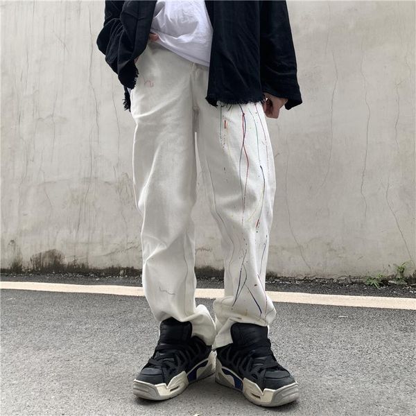 

men's jeans harajuku ink painted high street white for men and women ripped straight loose casual denim trousers, Blue