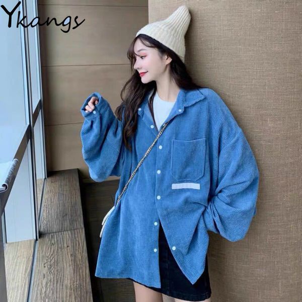 Harajuku Corduroy Jaquetas Mulheres Casacos de Outono Plus Size Overcoat Coreano Feminino Feminino Big Tops Casaco Sólido Color Roupa de Cores 210412
