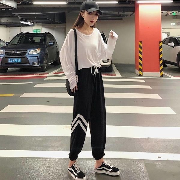 

women's pants & capris 2021 spring side striped hip hop sweatpants for women high waist harajuku loose harem plus size green trousers f, Black;white