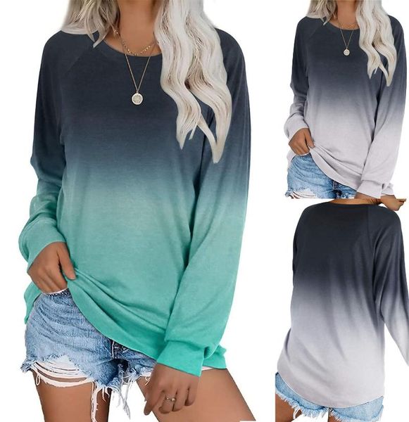 

women's blouses & shirts women fashion clothes gradient printed casual round neck long sleeve loose pullover tunic plus size oberteile, White