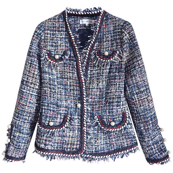 

women black tweed jacket v neck long sleeve imitation pearls button tassel pocket coat small fragrance style c0169 210514, Black;brown