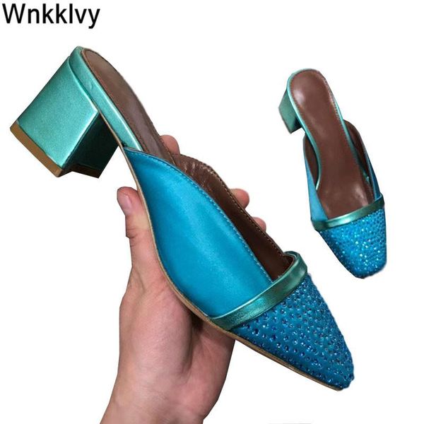 

slippers summer women 2021 runway dress party chunky high heel flipflops metal crystal decor satin silk sandals sandalias, Black