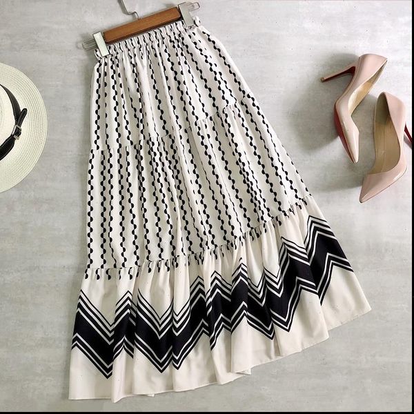 

spring summer midi polka dots womens skirt patchwork cake high waist elegant a line long bohemian style, Black