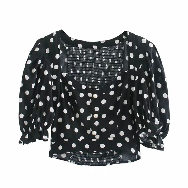 

vintage women shirts summer fashion black blouses polka dot casual short dresses square collar girls 210430, White