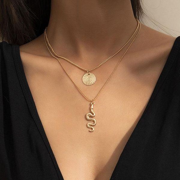 

pendant necklaces vintage double layers beaded snake necklace for women punk chains geometric round clavicle colar jewelry gift, Silver