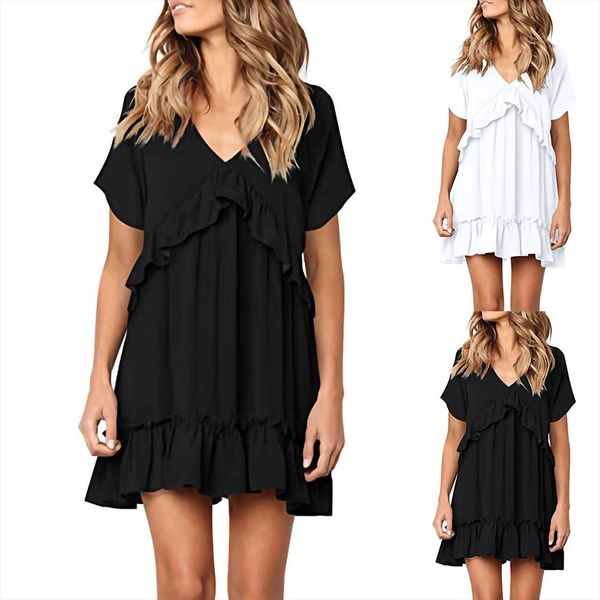 

solid drees v neck womens dress short sleeve beach oversize casual summer ruffle large size mini vestidos, Black;gray