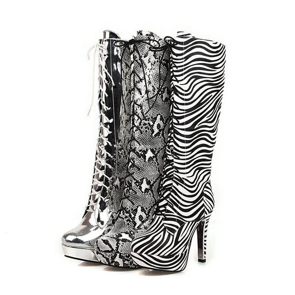 

boots platform knee high women shoes heels women's boot autumn winter shoe ladies snake print large size, Black