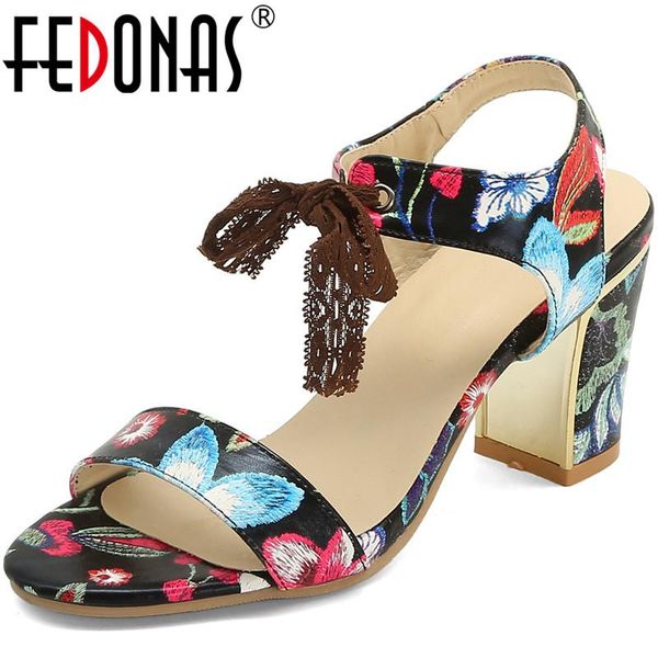 

sandals fedonas 2021 women fashion sweet pumps open toe thick heels butterfly knot summer prom party flowers shoes woman, Black