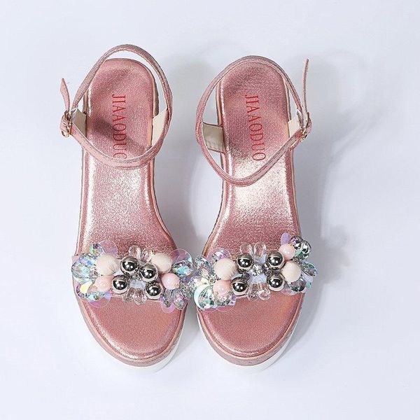 

sandals crystal flower soft fashion platform string bead women 2021 summer ankle strap wedge party shoes, Black