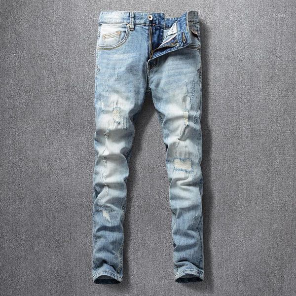 

men's jeans korean style fashion men retro light blue elastic slim fit ripped streetwear destroyed designer denim punk pants