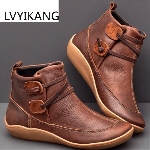 

boots 2021 women shoes lace up wedge ladies plus size vintage pu leather female short office mujer booties 35-43, Black