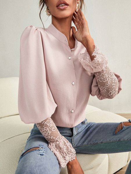 

contrast lace gigot sleeve blouse z3tz#, White