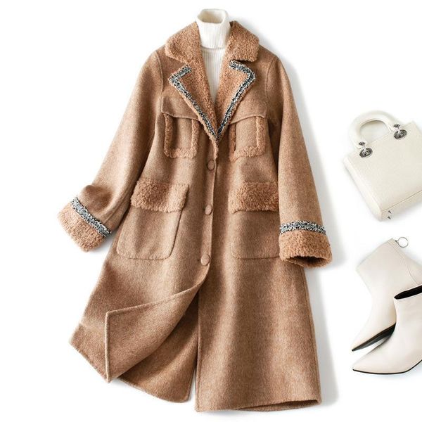 

women's fur & faux double-sided long coat nice winter flip collar single-breasted wool j11131, Black